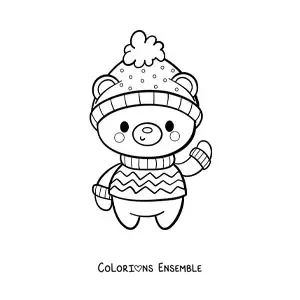 Image à colorier d'un ourson de Noël kawaii avec un pull et un bonnet