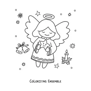 Image à colorier d'un ange de Noël kawaii avec une étoile