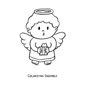 Image à colorier d'un ange de Noël avec un cadeau