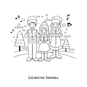 Image à colorier d'une famille qui chante des chants de Noël