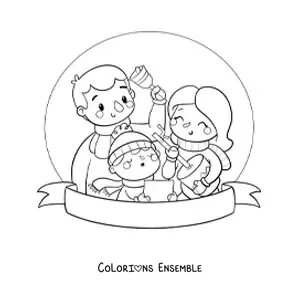 Image à colorier d'un garçon et de sa famille qui chantent des chants pour l'enfant Jésus