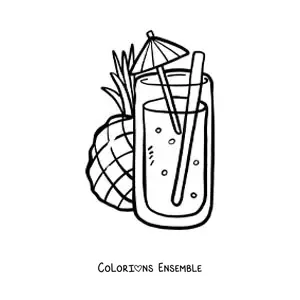 Image à colorier d'un jus d'ananas avec une ombrelle et un ananas au fond