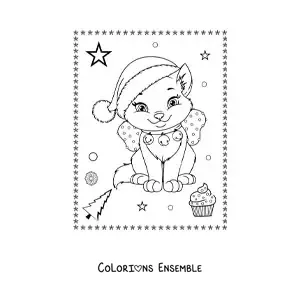 Image à colorier d'un chat de Noël kawaii avec un nœud