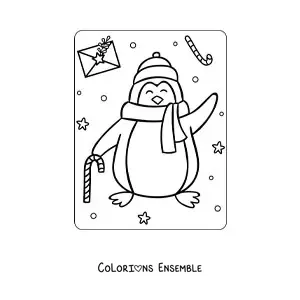 Image à colorier d'un pingouin de Noël avec une écharpe