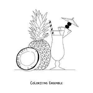 Image à colorier d'une piña colada avec un ananas à côté et un morceau de noix de coco