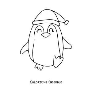 Image à colorier d'un pingouin de Noël qui marche
