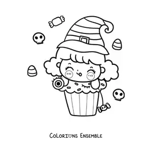 Image à colorier d'une petite sorcière kawaii sur un cupcake