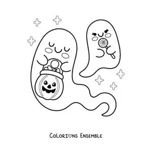 Image à colorier de fantômes kawaii avec des bonbons d'Halloween