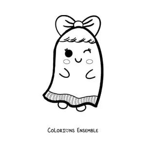 Image à colorier d'un fantôme kawaii avec un nœud