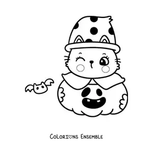 Image à colorier d'un petit chat kawaii avec une chauve-souris dans une citrouille d'Halloween
