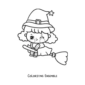 Image à colorier d'une petite sorcière kawaii qui vole