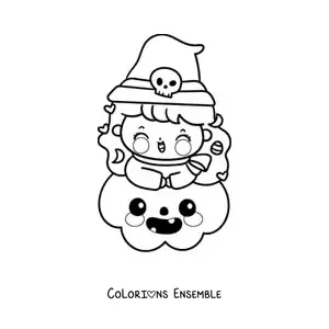 Image à colorier d'une petite sorcière kawaii sur une citrouille d'Halloween
