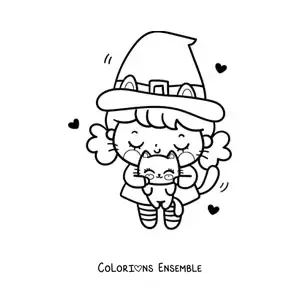 Image à colorier d'une petite sorcière kawaii avec un mignon chaton