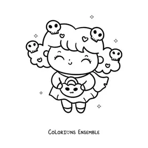 Image à colorier d'une petite fille kawaii déguisée pour Halloween