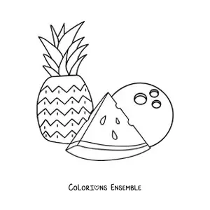 Image à colorier d'un ananas avec un morceau de pastèque et une noix de coco
