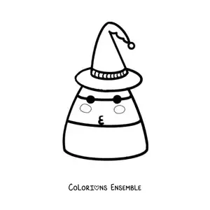 Image à colorier d'un bonbon d'Halloween avec un chapeau de sorcière