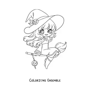 Image à colorier d'une sorcière kawaii style anime qui vole sur son balai