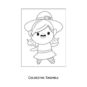 Image à colorier d'une fille déguisée en mignonne sorcière