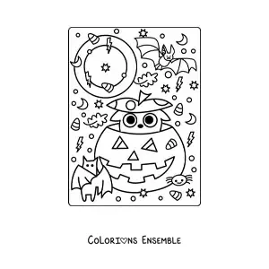 Image à colorier d'une citrouille d'Halloween avec un chat kawaii