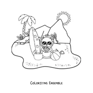Image à colorier d'un lion animé à la plage qui boit un jus d'ananas