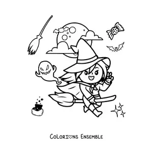 Image à colorier d'une sorcière qui vole sur un balai