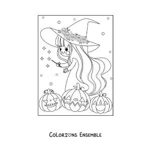Image à colorier d'une sorcière kawaii avec des citrouilles d'Halloween