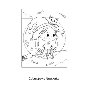 Image à colorier d'une sorcière d'Halloween kawaii qui vole sur un balai avec un chat