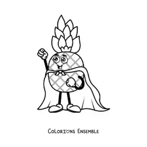 Image à colorier d'un ananas animé portant une cape