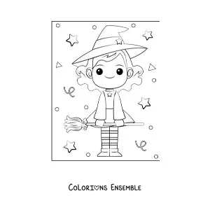 Image à colorier d'une sorcière kawaii avec un balai