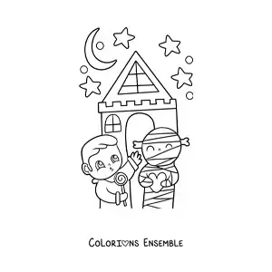 Image à colorier d'une maison hantée kawaii avec un garçon et une momie