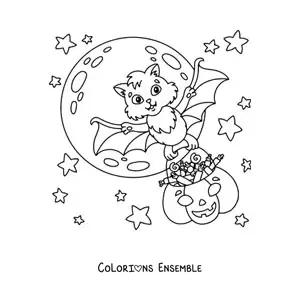Image à colorier d'une chauve-souris kawaii avec une citrouille remplie de bonbons d'Halloween