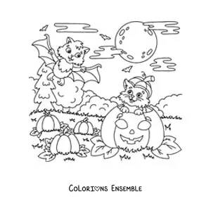 Image à colorier d'une chauve-souris kawaii avec un chat et une citrouille d'Halloween