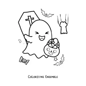 Image à colorier d'un fantôme kawaii avec des bonbons d'Halloween