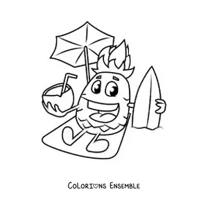 Image à colorier d'un ananas animé à la plage tenant une noix de coco à la main