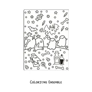 Image à colorier de fantômes kawaii avec des bonbons d'Halloween et des chauves-souris