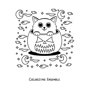 Image à colorier d'un chat kawaii dans une citrouille d'Halloween