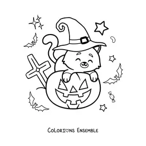 Image à colorier d'un chat kawaii avec un chapeau de sorcière et une citrouille d'Halloween