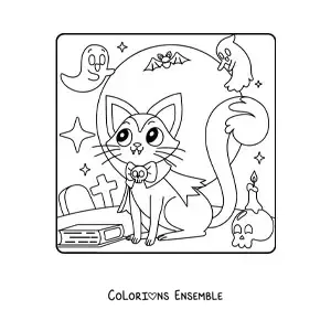 Image à colorier d'un chat vampire kawaii d'Halloween