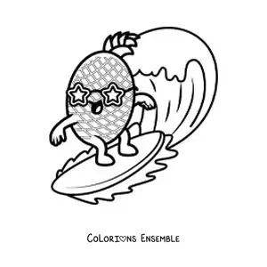 Image à colorier d'un ananas animé qui surfe avec des lunettes en forme d'étoile
