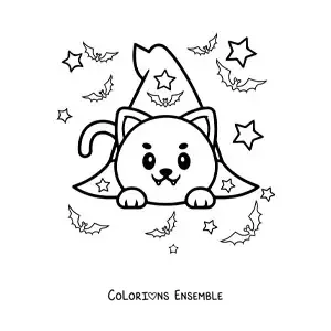 Image à colorier d'un chat kawaii dans un chapeau de sorcière