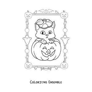 Image à colorier d'une citrouille d'Halloween avec un petit chat