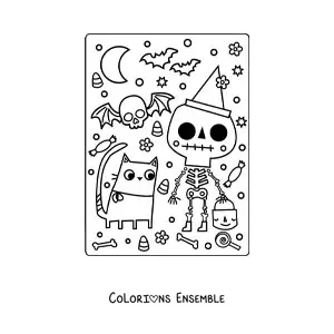 Image à colorier d'un squelette avec des bonbons d'Halloween