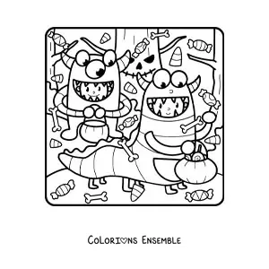 Image à colorier d'enfants déguisés en monstres à une fête d'Halloween