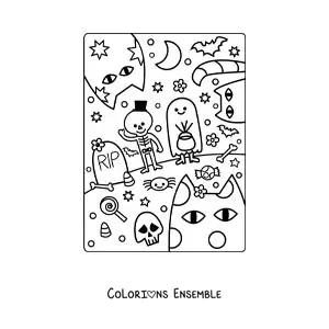 Image à colorier d'enfants déguisés en fantôme et en squelette à une fête d'Halloween