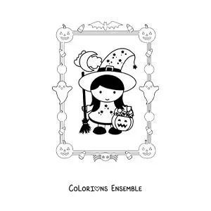 Image à colorier d'une fille déguisée en petite sorcière