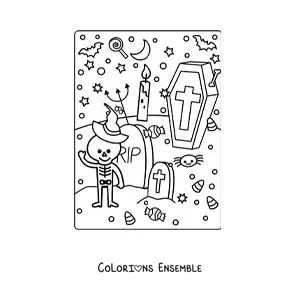 Image à colorier d'un cimetière avec un squelette kawaii d'Halloween