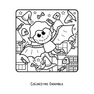 Image à colorier d'une chauve-souris vampire kawaii pour Halloween