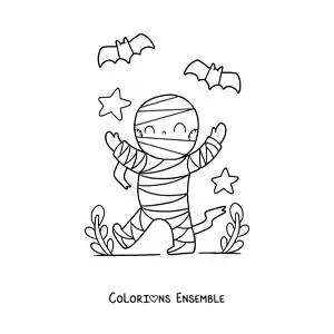 Image à colorier d'une momie kawaii d'Halloween