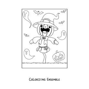 Image à colorier d'un épouvantail d'Halloween avec des fantômes