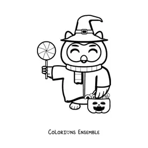 Image à colorier d'une mignonne chouette kawaii d'Halloween avec des bonbons et un chapeau de sorcière